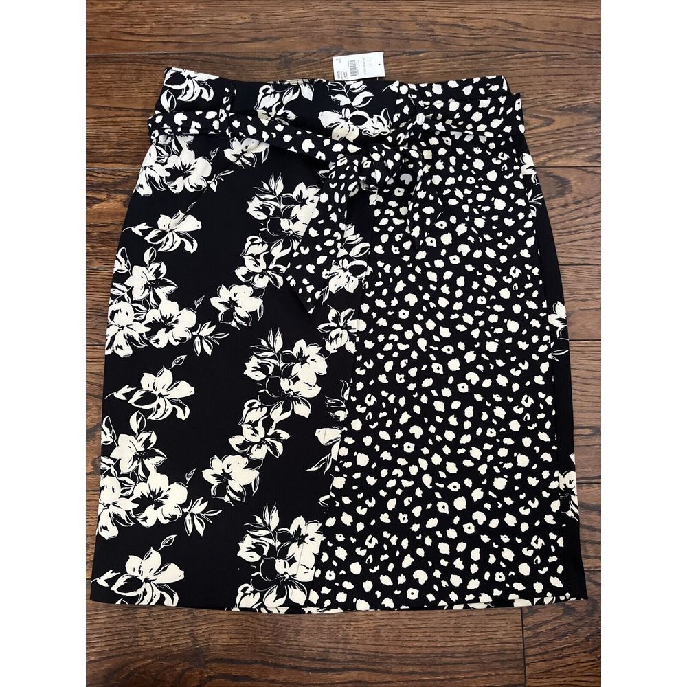 NWT Cato Floral And Leopard Tie Waist Black Cream Skirt Size Large